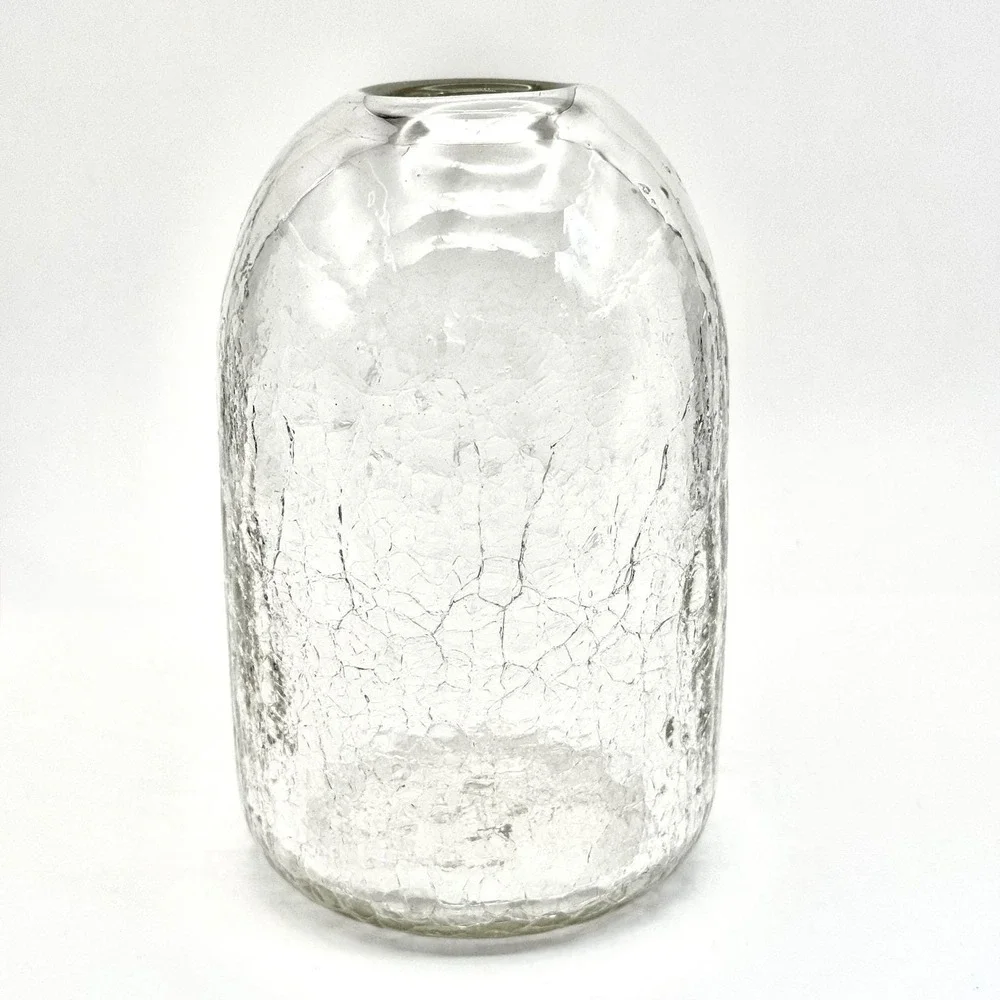 Vint. Hand‎ Blown Crackle Glass Vase Clear Textured Cylindrical Signed Art Glass